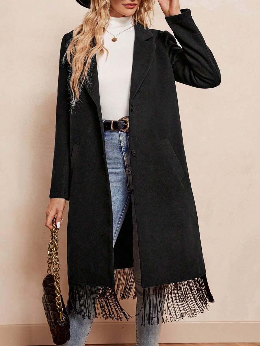 SHEIN Clasi Lapel Neck Fringe Hem Overcoat - Black - View 1