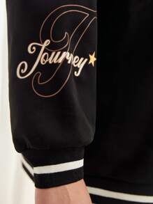 Mulvari Plus Letter Graphic Striped Trim Drop Shoulder Sweatshirt - Black - View 6