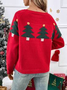 Chiquease Christmas Tree Pattern Drop Shoulder Knit Pullover Fall Winter Sweater - Red - View 2