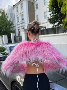 SHEIN ICON 1pc Super Crop Fuzzy Coat - Pink - View 2