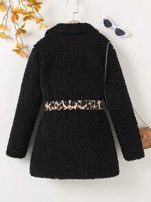 SHEIN 女大童1入組豹紋圖案腰帶絨毛外套 - 黑色 - 查看 2