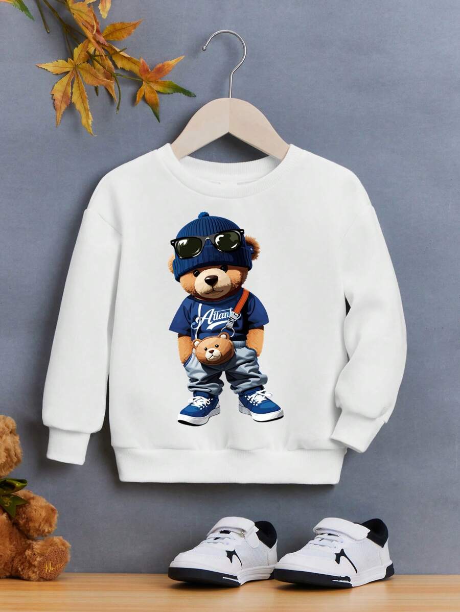 SHEIN Young Boy Bear Doll Print Drop Shoulder Thermal Lined Sweatshirt - White - View 1