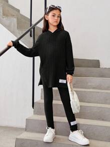 SHEIN Tween Girl Letter Patched Detail Drop Shoulder Hooded Tee & Leggings - Black - View 3