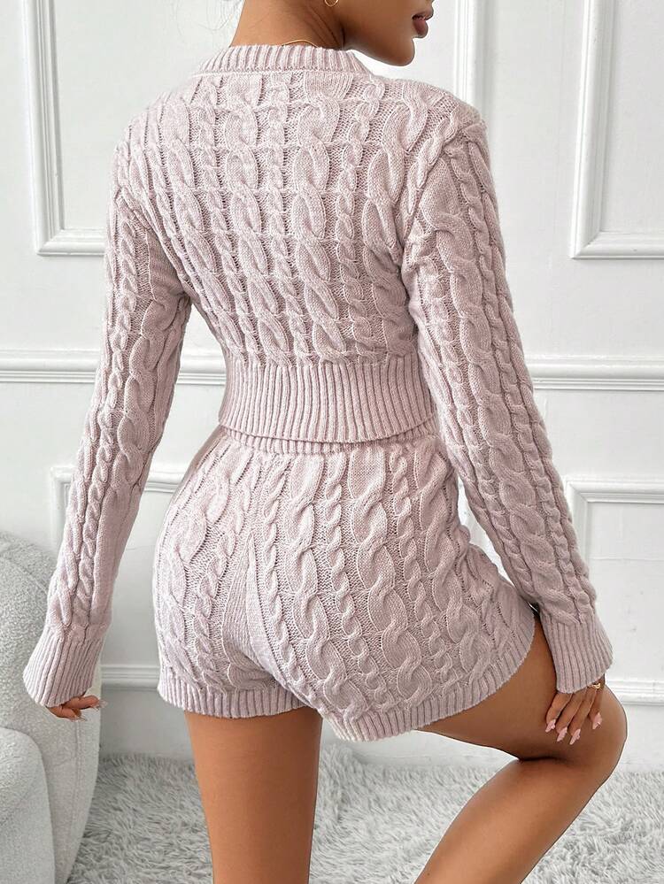 Cable Knit Crop Sweater & Knit Shorts Fall Cloth For Women