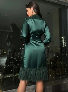 Zolique Fuzzy Trim Knot Side Wrap Satin Dress - Army Green - View 2