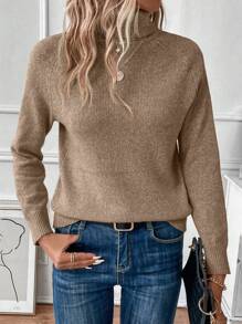 EMERY ROSE Jersey de cuello alto de manga raglán con punto acanalado para otoño e invierno - Camel - Ver 7