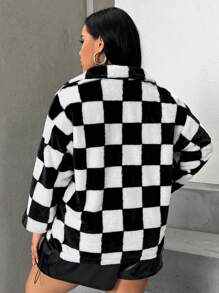 SHEIN Coolane 大碼棋盤格圖案落肩袖絨毛外套 - 黑與白 - 查看 2