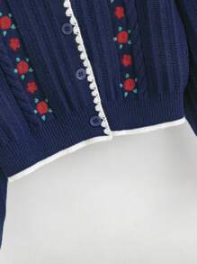 SHEIN Tween Girl Floral Embroidery Cable Knit Drop Shoulder Cardigan - Navy Blue - View 4