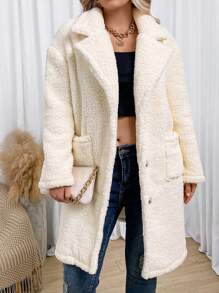 Flirla Plus Dual Pocket Drop Shoulder Teddy Coat - Beige - View 1