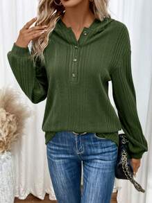 Chiquease 半扣落肩连帽套头衫 秋季卫衣 - 軍綠色 - 查看 4