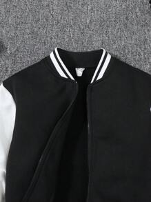 SHEIN 男小童卡通和字母圖案條紋飾邊學院風夾克 - 黑色 - 查看 5