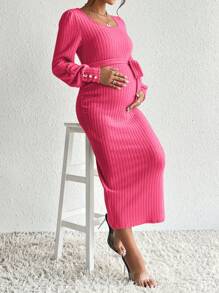 SHEIN Maternity Scoop Neck Lantern Sleeve Belted Dress - Hot Pink - View 3