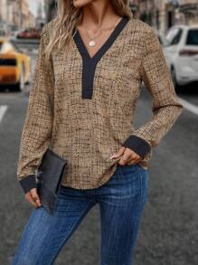 EMERY ROSE 滿版印花拼接邊燈籠袖襯衫 - 彩色 - 查看 6