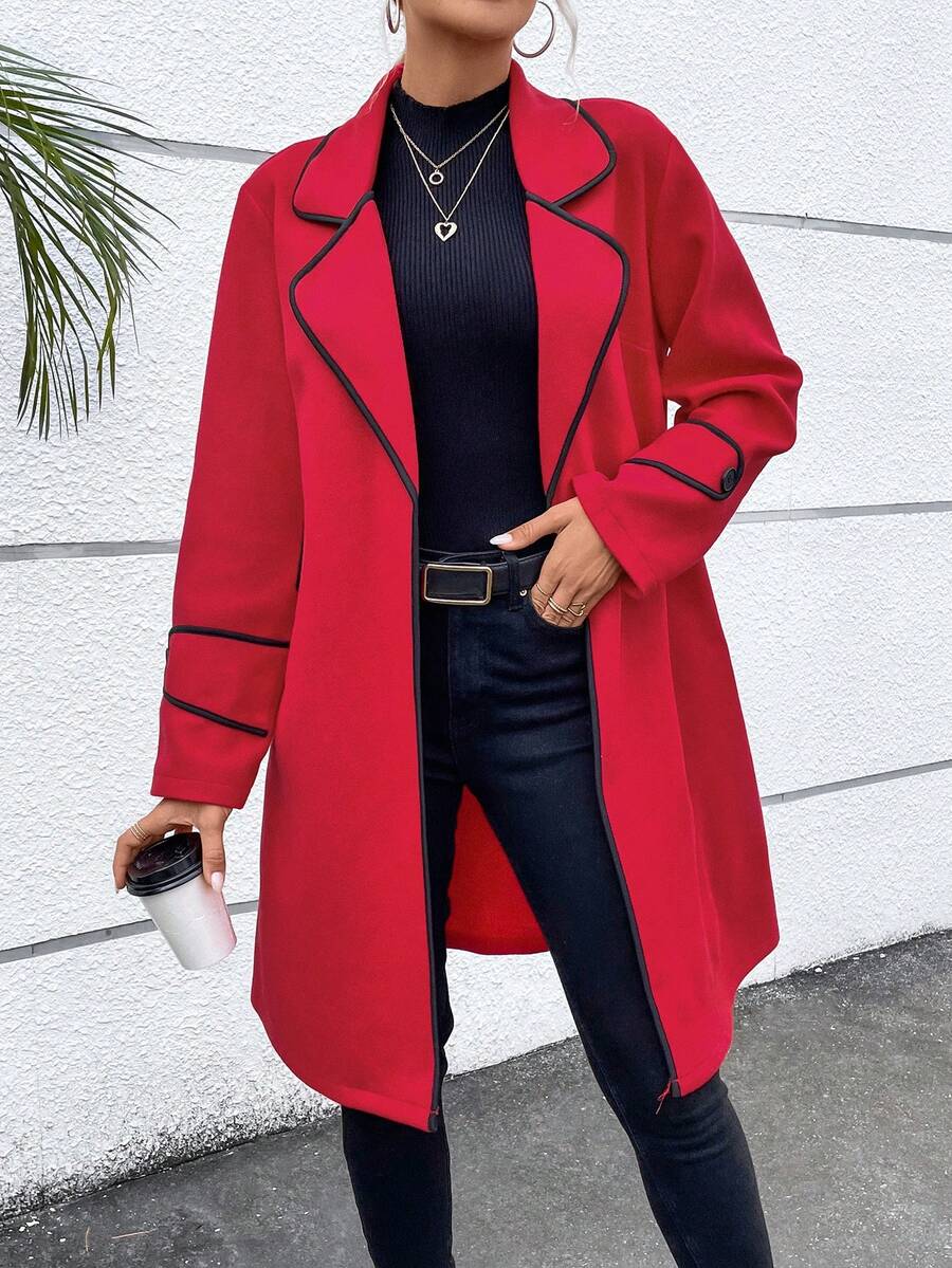 SHEIN LUNE Contrast Binding Lapel Neck Overcoat - Red - View 1