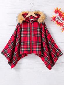 SHEIN Tween Girl Plaid Fuzzy Trim Hooded Poncho Overcoat - Red - View 1