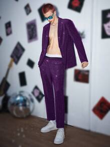 SWAVVY 2pcs Men Glitter Blazer & Pants - Purple - View 3