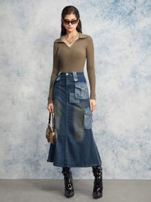 DAZY Damen einfarbiger Polokragen Langarm Pullover, Business Lässig Stil, Herbst, Langarm Oberteile, Herbstmode für Frauen - Khaki - Übersicht 4