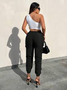 SHEIN SXY 側翻蓋口袋工裝褲 - 黑色 - 查看 2