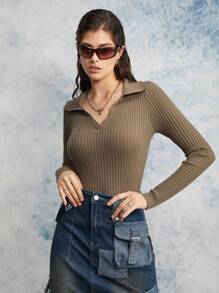 DAZY Damen einfarbiger Polokragen Langarm Pullover, Business Lässig Stil, Herbst, Langarm Oberteile, Herbstmode für Frauen - Khaki - Übersicht 5