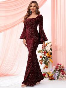 LOVE&LEMONADE Vestido de fiesta de cuello cuadrado de manga con volante con lentejuelas - Burdeos - Ver 4