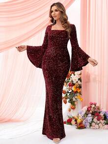 LOVE&LEMONADE Vestido de fiesta de cuello cuadrado de manga con volante con lentejuelas - Burdeos - Ver 7