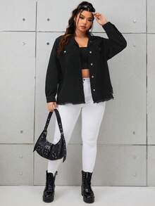 SHEIN EZwear 大碼翻蓋口袋毛邊牛仔夾克 - 黑色 - 查看 5