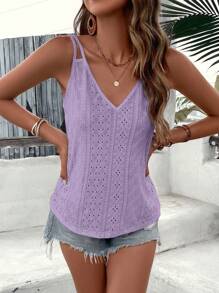 SHEIN LUNE 素色網眼刺繡吊帶上衣 - 紫色 - 查看 3