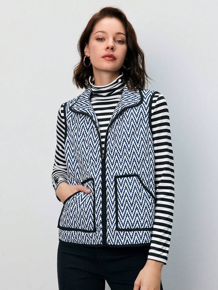 Chevron Print Contrast Binding Vest Padded Coat