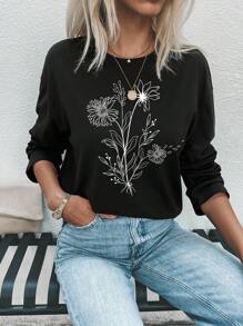 SHEIN LUNE Camiseta de hombros caídos con estampado floral - Negro - Ver 1