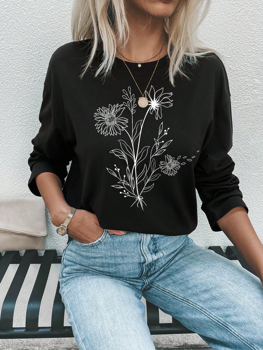 SHEIN LUNE Camiseta de hombros caídos con estampado floral - Negro - Ver 1