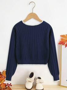 SHEIN Tween Girl Floral Embroidery Cable Knit Drop Shoulder Cardigan - Navy Blue - View 2