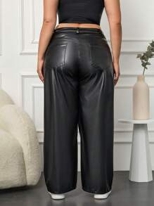 EURMUSE Plus Leather Look Wide Leg Jeans - Black - View 2