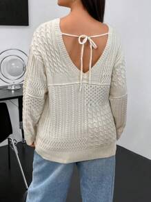 Flirla 大碼後背繫帶落肩袖麻花編織套頭毛衣 - 杏色 - 查看 3