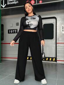 Flirla Hơn Chất rắn Túi nghiêng Quần ống rộng - màu đen - Xem 4