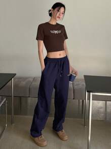 DAZY Embroidery Letter Pattern Drawstring Waist Slant Pocket Sweatpants,Women Joggers - Navy Blue - View 3