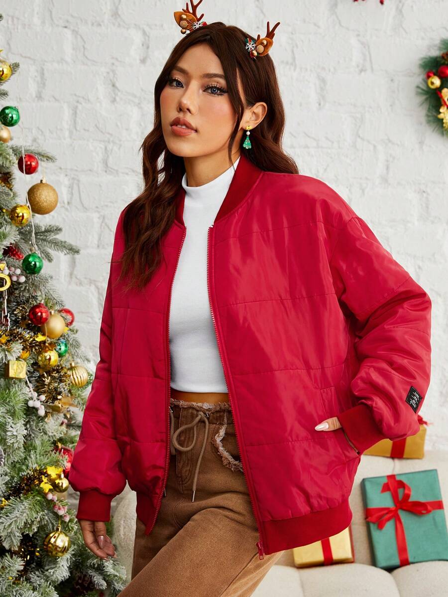 SHEIN EZwear Drop Shoulder Baseball Collar Zip Up Padded Coat - Red - View 1