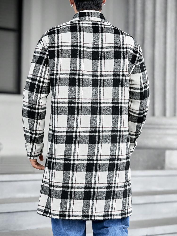 Loose Fit Men's Double Breasted Plaid Lapel Collar Drop Shoulder Overcoat, For Fall Winter