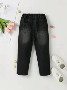 女小童愛心圖案彈性腰帶直筒牛仔褲 - 黑色 - 查看 2