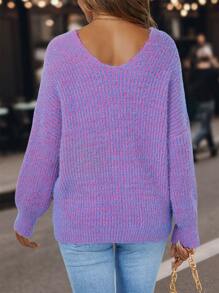 SHEIN LUNE Suéter con escote en V y hombros caídos, tops de manga larga - Morado - Ver 2