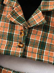 SHEIN 女小童格紋印花西裝領夾克&半身裙&帽