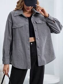 SHEIN Essnce 翻蓋口袋落肩袖花呢外套 - 灰色 - 查看 4