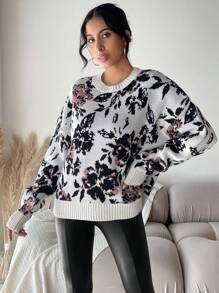 SHEIN Cottnline Floral Pattern Drop Shoulder Sweater - Multicolor - View 5