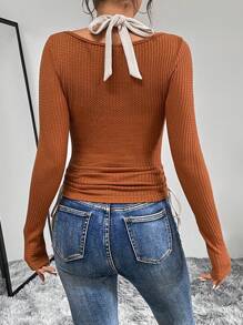 SHEIN Essnce 側抽繩後綁帶繞頸T恤 - 棕色 - 查看 2