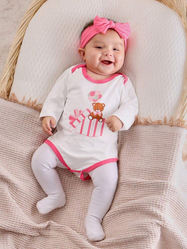 Baby Girl Cartoon Graphic Contrast Binding Bodysuit & Footed Jumpsuit PJ Set