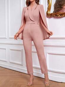 SHEIN Privé 斗篷袖青果領斜口袋連身褲 - 藕粉色 - 查看 6