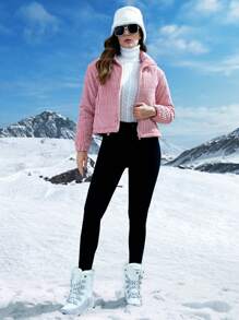 SHEIN LUNE 拉链灯芯绒加厚棉服外套冬季 - 粉色 - 查看 4