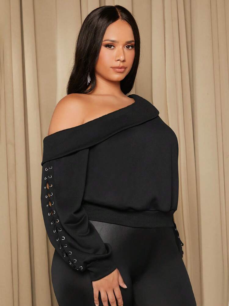 Plus Asymmetrical Neck Grommet Detail Sweatshirt