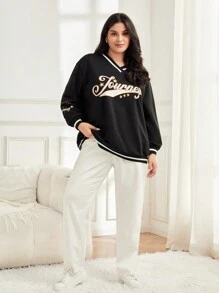 Mulvari Plus Letter Graphic Striped Trim Drop Shoulder Sweatshirt - Black - View 4