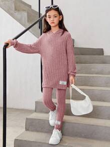 SHEIN Leap Crew Tween Girl Letter Patched Drop Shoulder Hooded Tee & Leggings - Pink - View 4