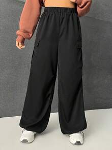 SHEIN EZwear 側翻蓋口袋抽繩下擺降落傘褲 - 黑色 - 查看 6